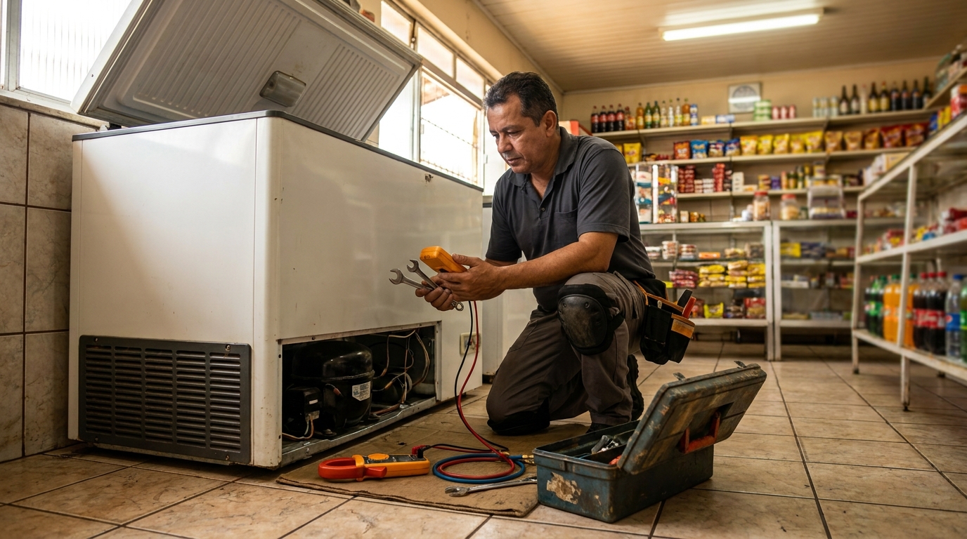 Profissional executando manutenção no motor de freezer no Botafogo, Cabo Frio‑RJ