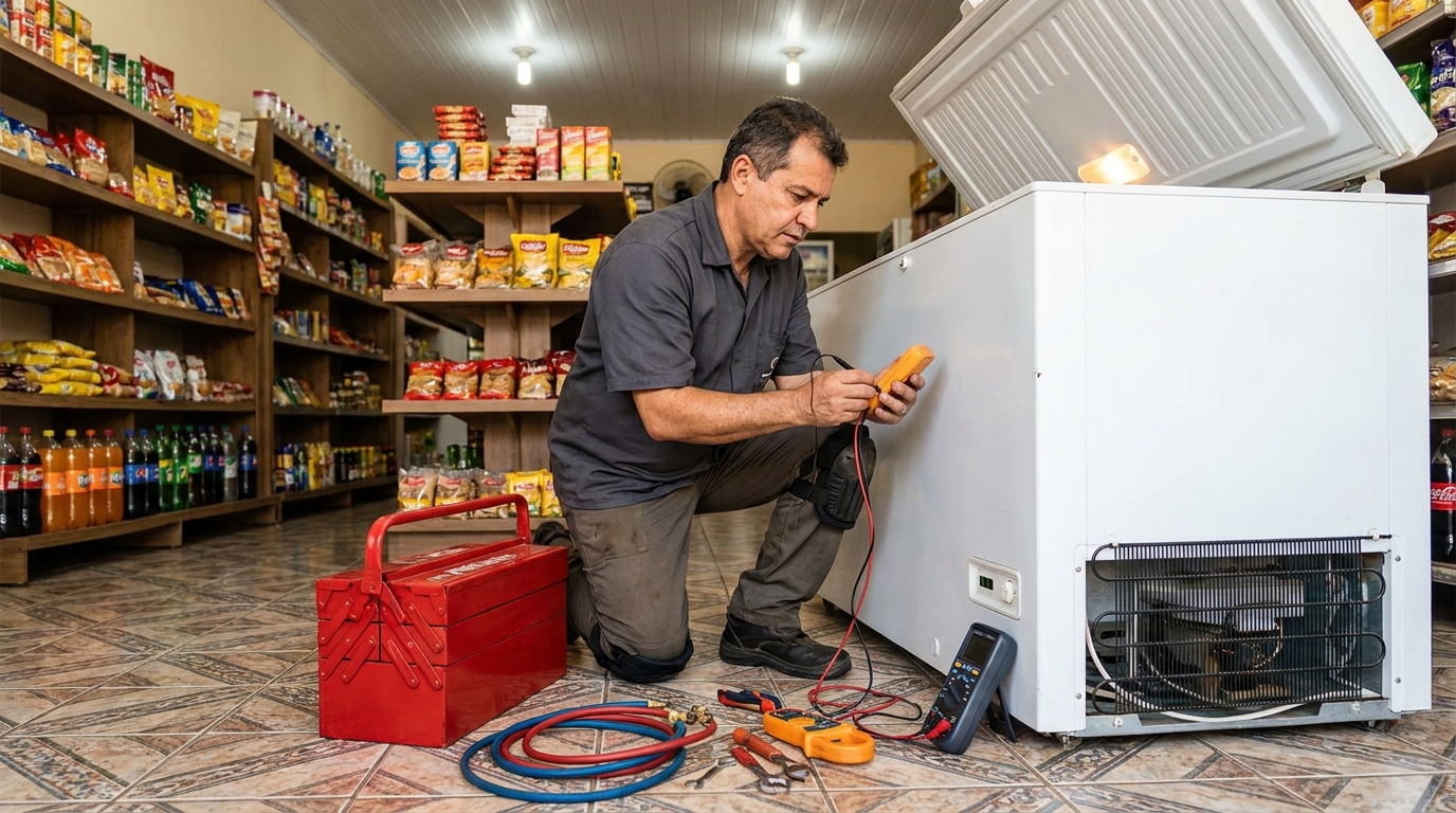Recarga de gás refrigerante no freezer durante atendimento no Botafogo, Cabo Frio‑RJ