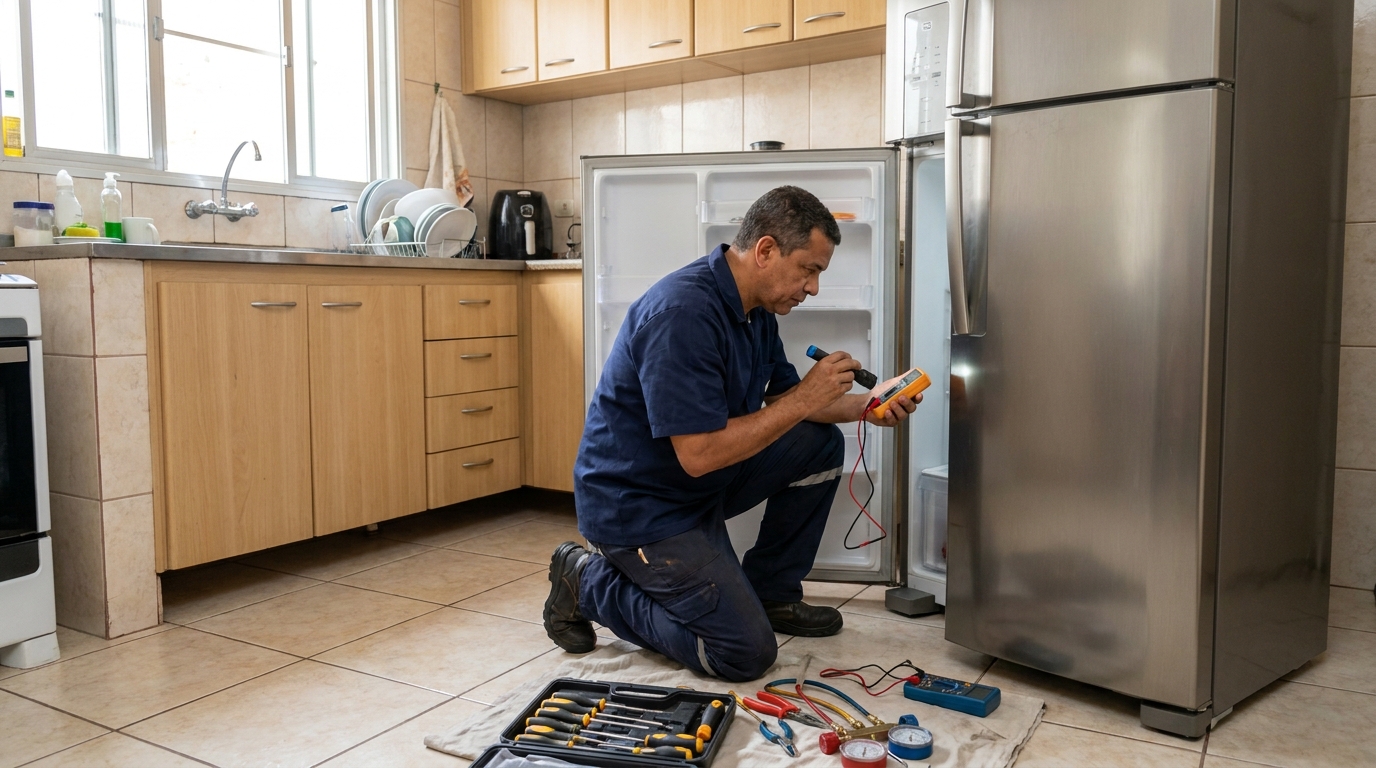 Técnico aplicando recarga de gás refrigerante em geladeira no Itajuru, Cabo Frio‑RJ
