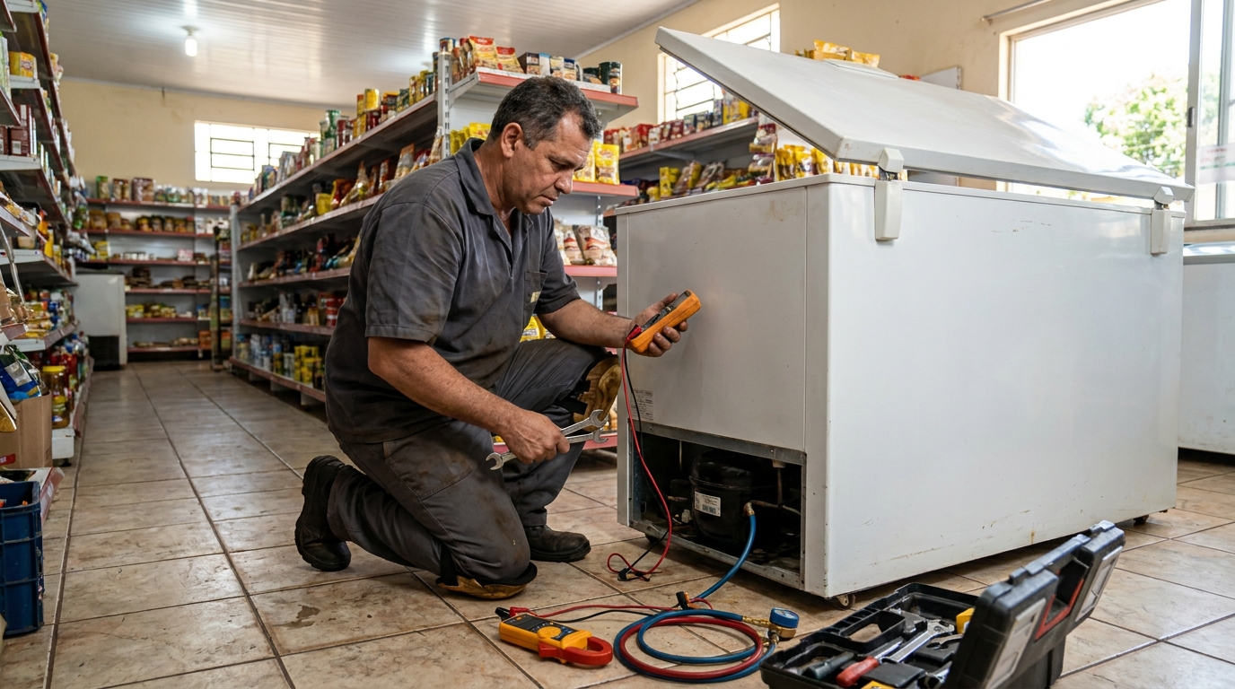Substituição de termostato de freezer em visita técnica no Botafogo, Cabo Frio‑RJ